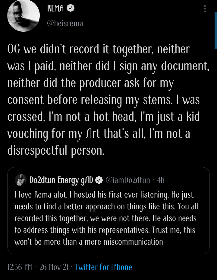 Rema reacts after OAP, Do2dtun advised he harmoniously sort out issues with Neptune rather than calling him out publicly