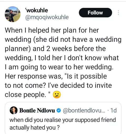 After I helped my friend to plan her wedding she told me I wasn't invited - South African woman cries