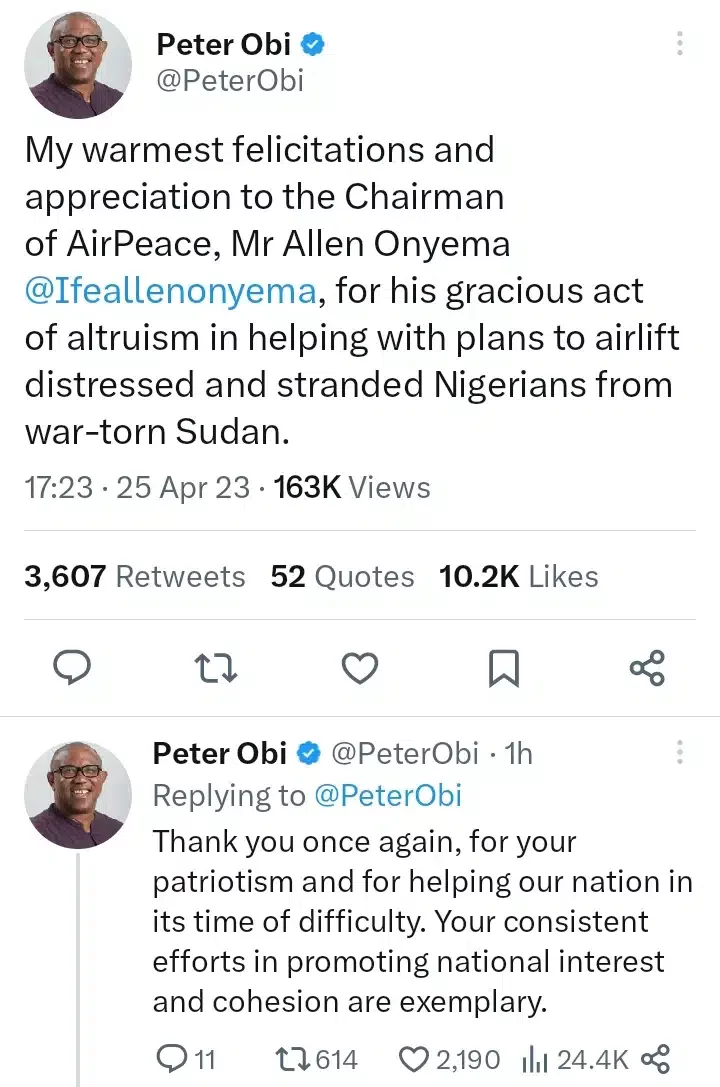 Peter Obi appreciates Air Peace CEO, Allen Onyema, for offering to evacuate stranded Nigerians in Sudan