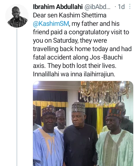 Vice president-elect, Kashim Shettima reacts as his supporters die in auto crash after paying him a congratulatory visit