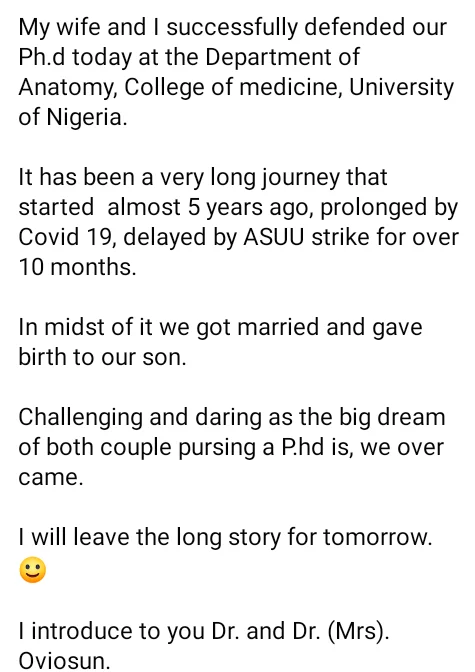 'From restless nights to beautiful testimony' - Nigerian couple celebrate as they bag PhD together
