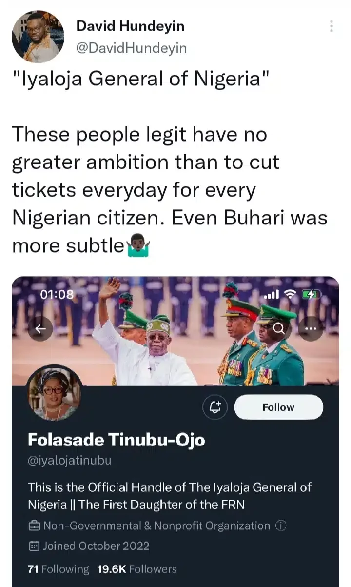 Tinubu's first daughter causes stir with her new title on Twitter bio