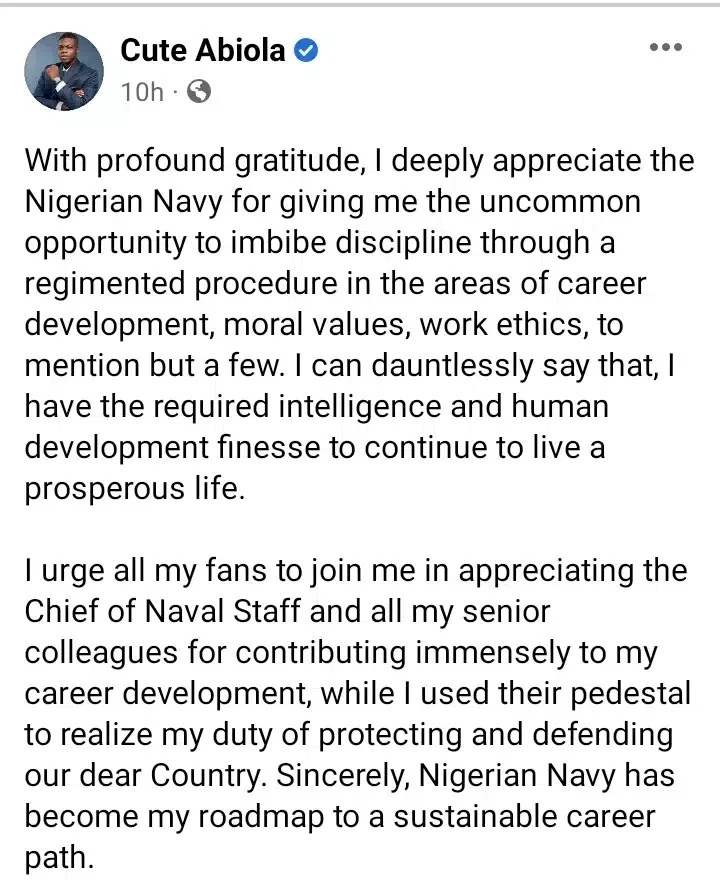 Cute Abiola officially quits Navy to pursue his dreams