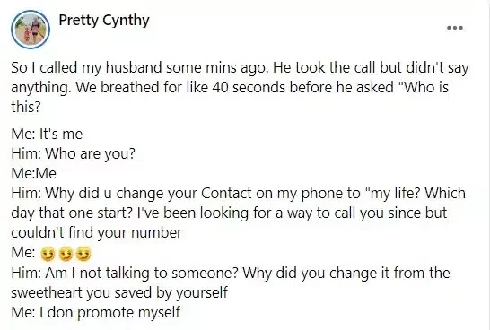 Husband questions wife's audacity for changing her name on his phone from 'sweetheart' to 'my life'