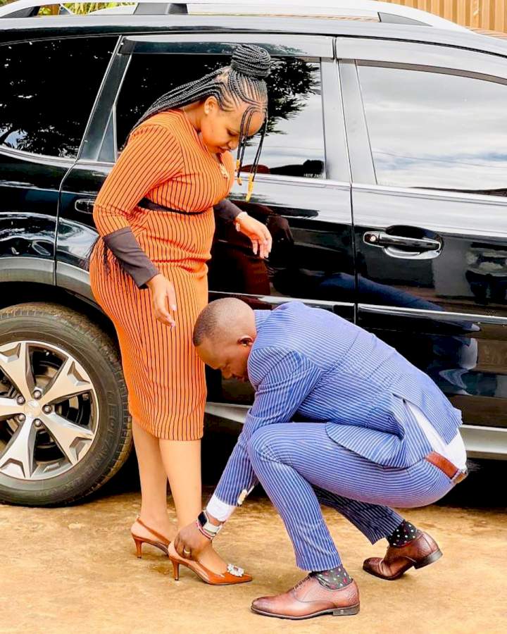 "Treat her like you are still trying to win her and that's how you will never lose her" - Man advises men as he adjusts his wife's shoe