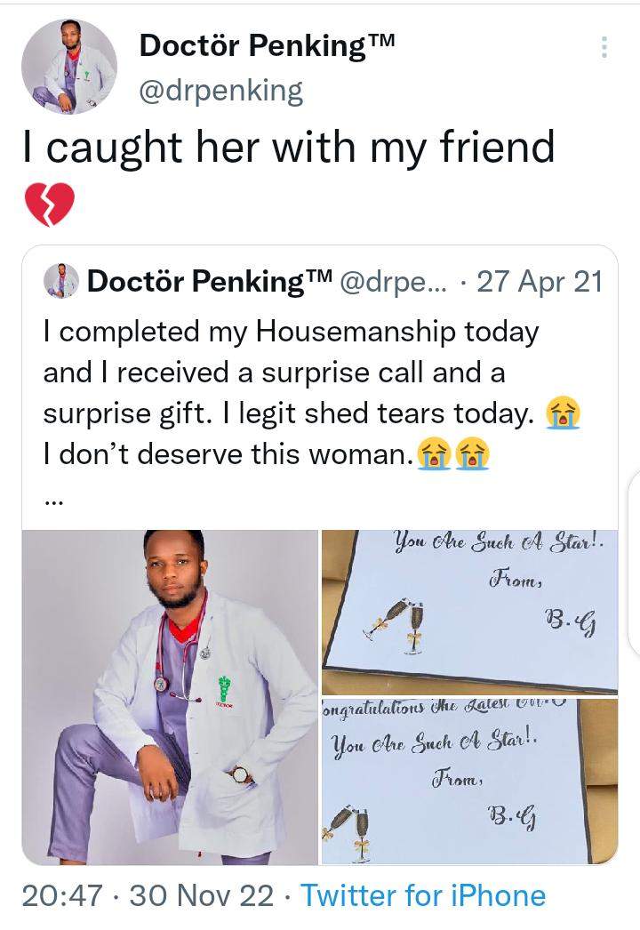 Doctor catches girlfriend in bed with his friend months after saying he doesn't deserve her love