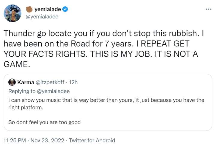 'Thunder go locate you if you don't stop this rubbish' - Singer, Yemi Alade clashes with troll who berated her music