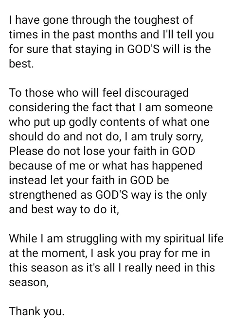 'Please do not lose your faith in God because of me