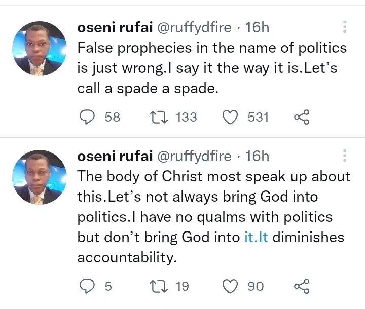 'It's sad when people bring God into politics' - Journalist Rufai Oseni reacts as Pastor Bakare's old prophecy resurfaces (Video)