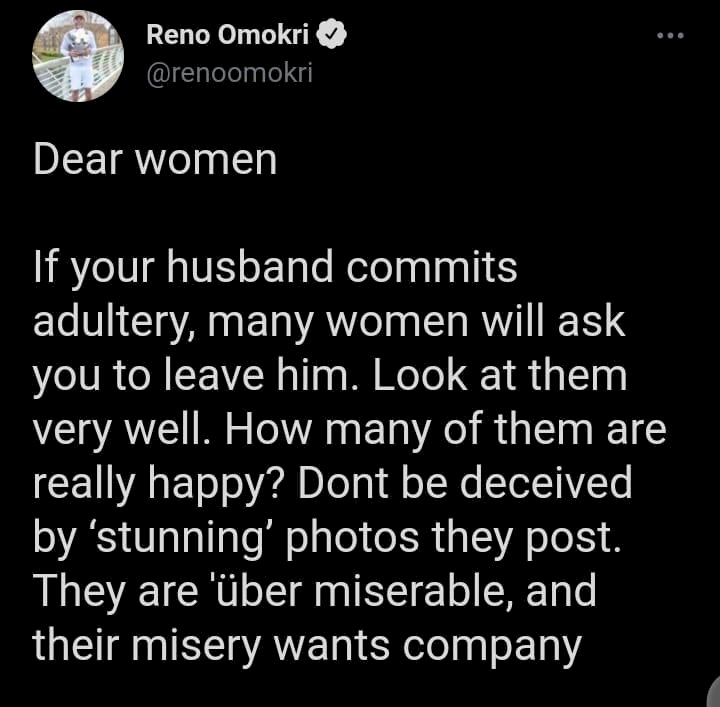 Reno Omokri quizzes women on level of happiness of those advising on leaving cheating husbands