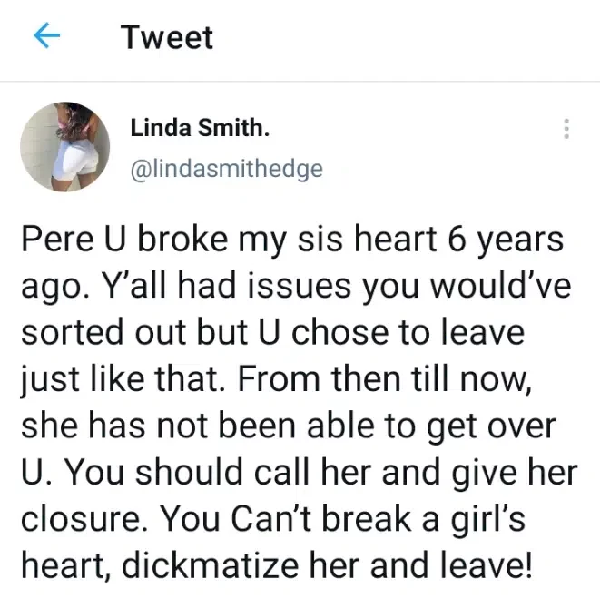 Pere reacts after lady accused him of breaking her sister's heart 6 years ago
