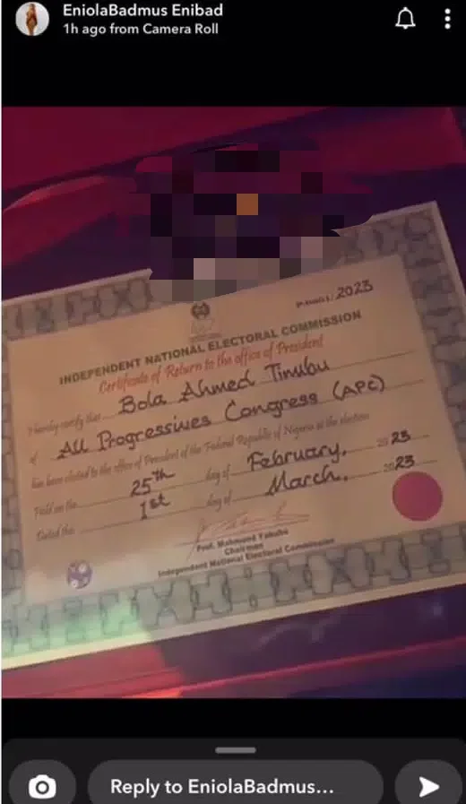 'She sabi leak secret' - Eniola Badmus displays Tinubu's original certificate of return from INEC