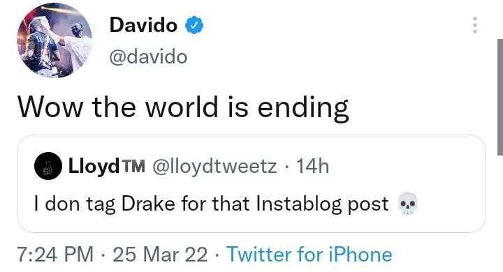 Davido responds as Twitter user reports him to Drake after he said his N1.7bn chain is a dumb investment