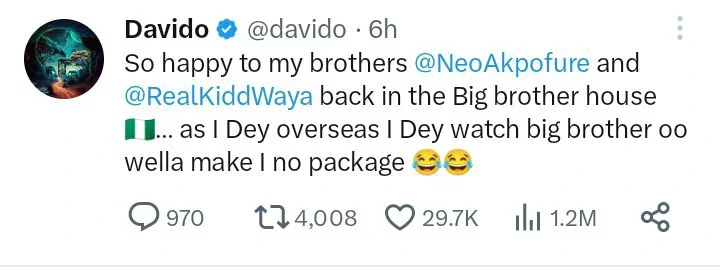 So Happy To See My Brothers, Neo Akpofure And Kiddwaya Back In The Big Brother's House - Davido