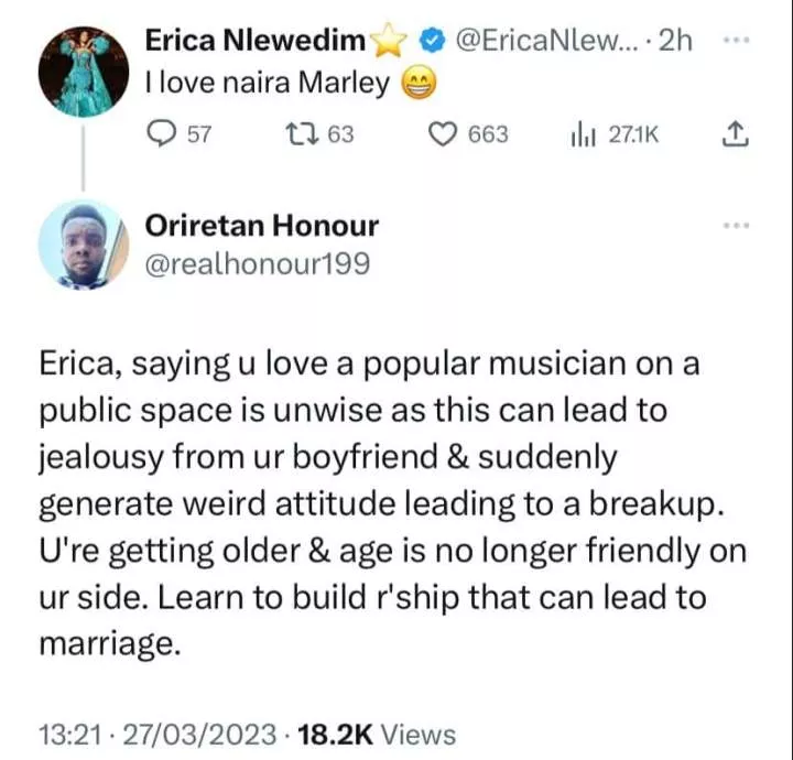 'This is unwise, your boyfriend will break up with you' - Concerned fan advises Erica after she professed love to Naira Marley