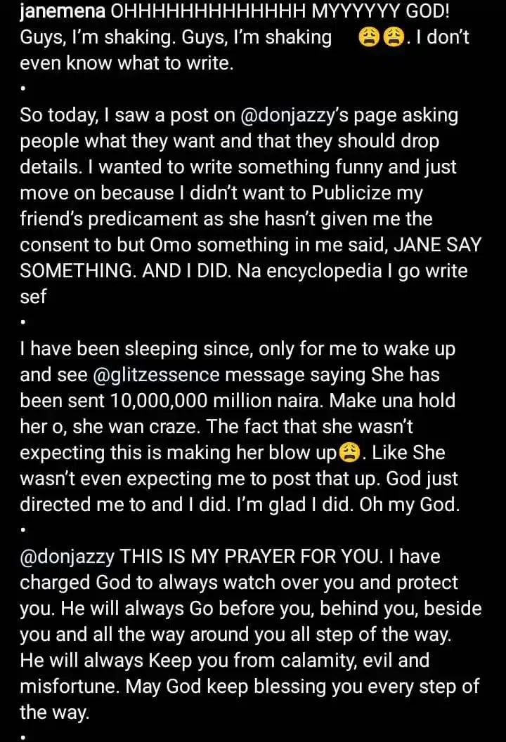 Jane Mena rains prayers on Don Jazzy after gifting her friend N10M