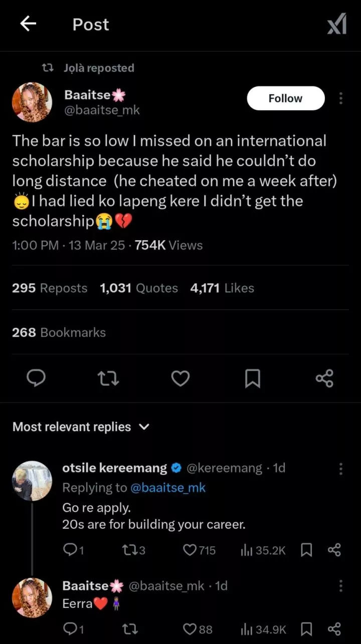 Lady turns down scholarship because boyfriend dislikes long distance relationship