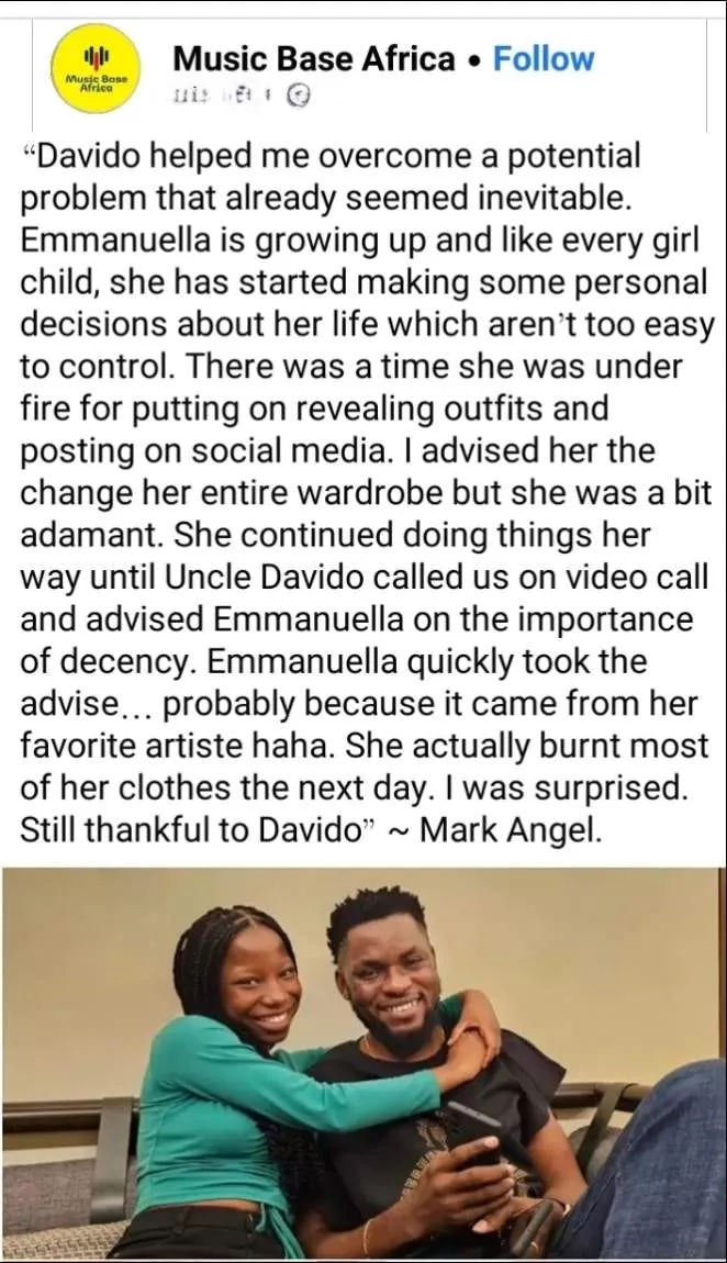 Mark Angel opens up on how Davido solved a serious problem he had with Emmanuella