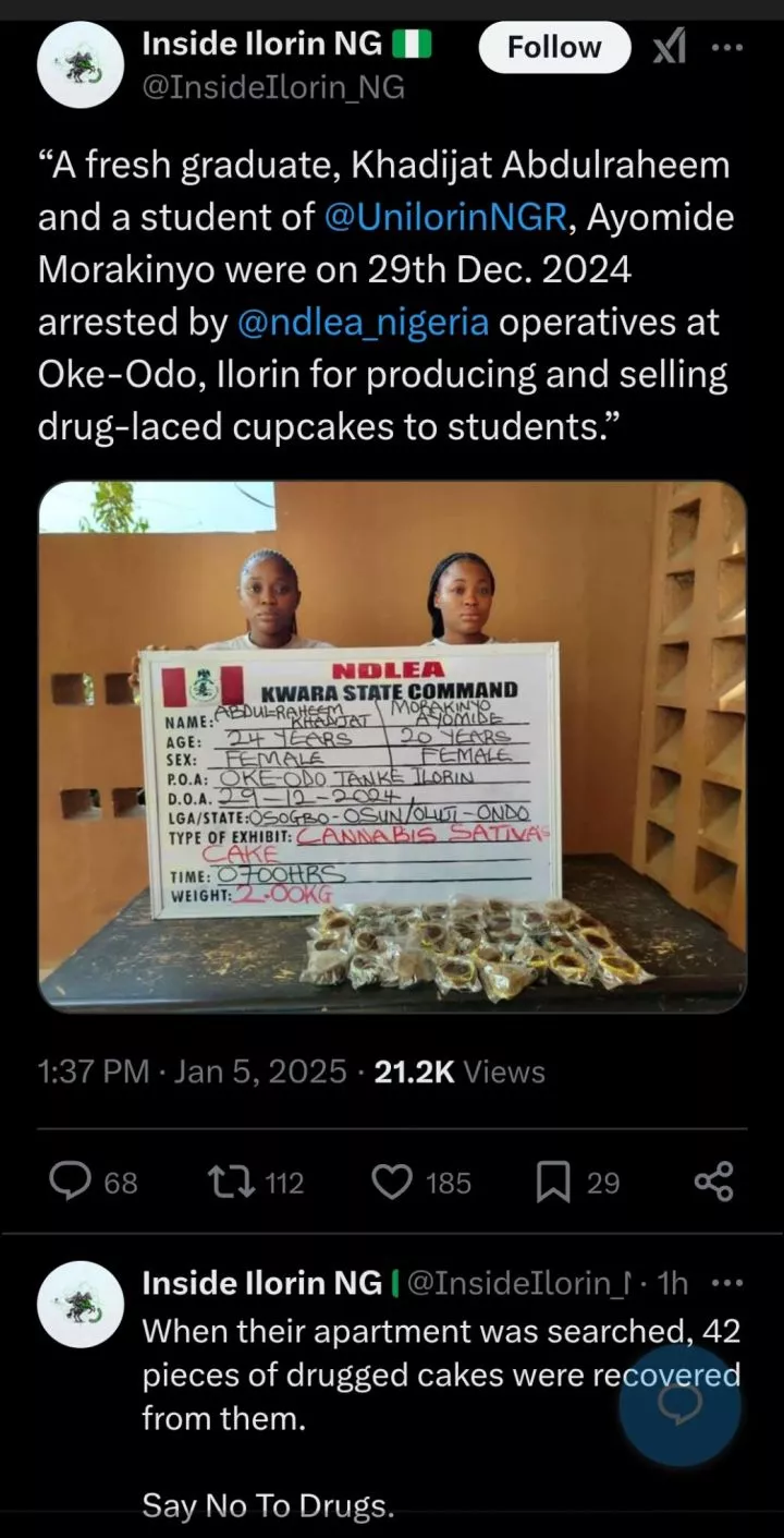 NDLEA arrests Unilorin graduate, student for producing and selling drug-laced cupcakes