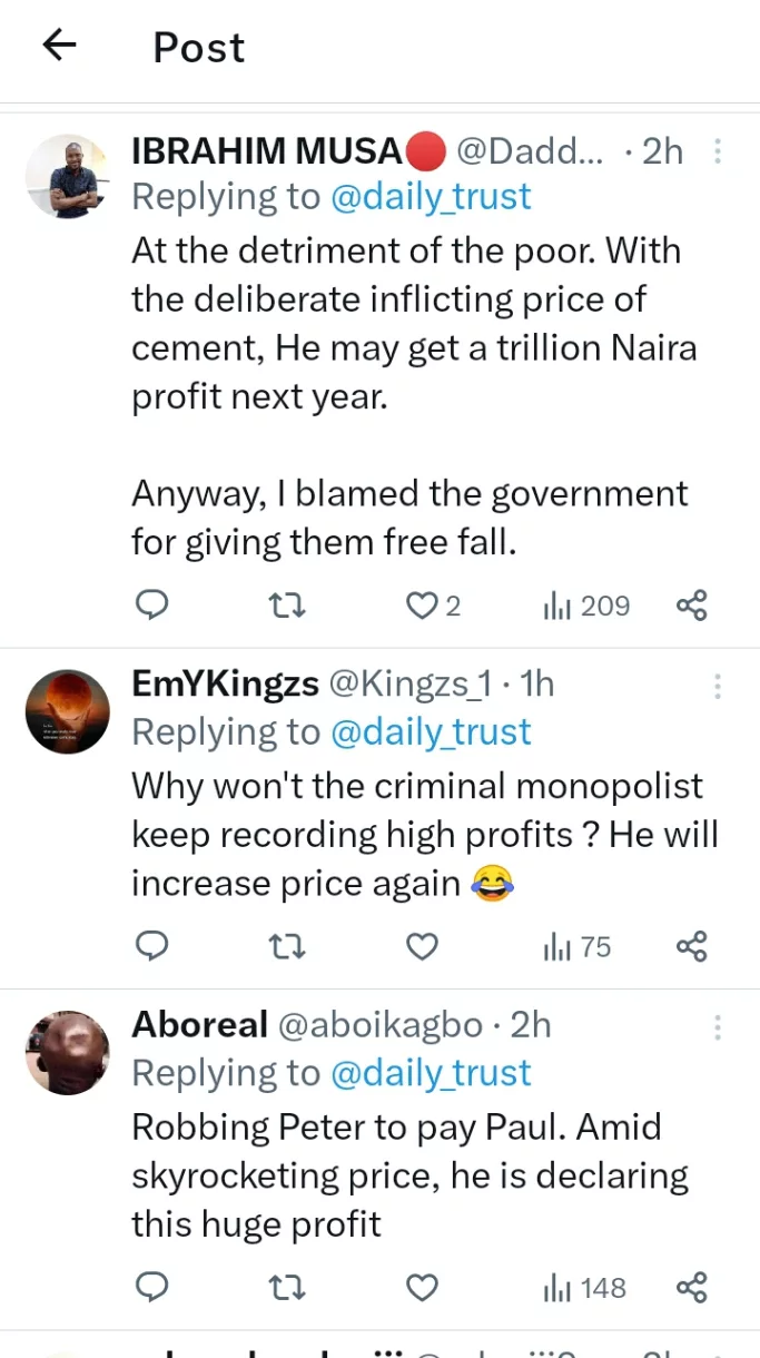 Reactions From Nigerians As Dangote Cement Reports ₦455.5 Billion Profit