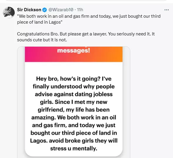 Man advocates against dating jobless girls after meeting partner who works in oil and gas