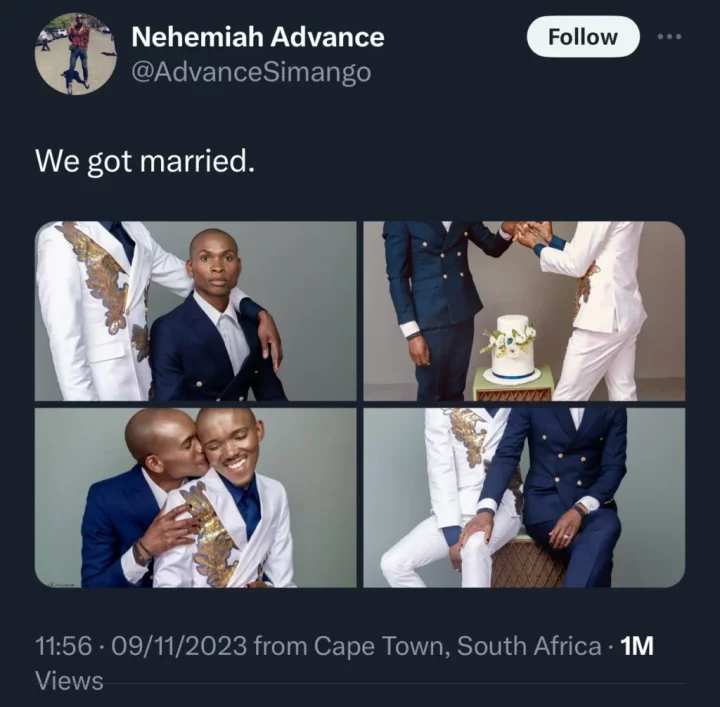'God please throw the trumpet already' - Netizens react as gay couple share wedding photos