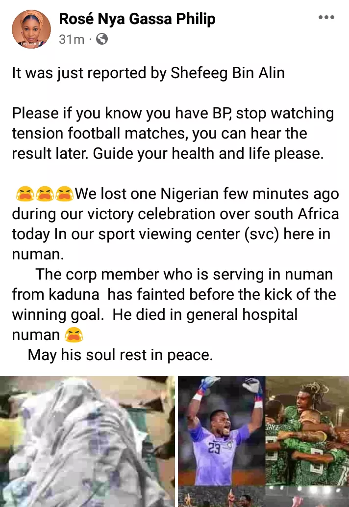 AFCON: Adamawa corps member reportedly slumps and dies while watching Super Eagles vs Bafana Bafana match