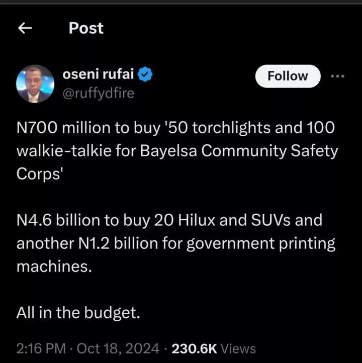 Governor budgets ₦700 million for 50 torchlights and 100 walkie-talkies