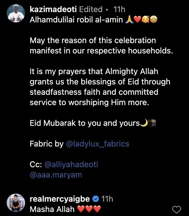 Mercy Aigbe reacts as Kazim Adeoti spends Sallah with first wife, children