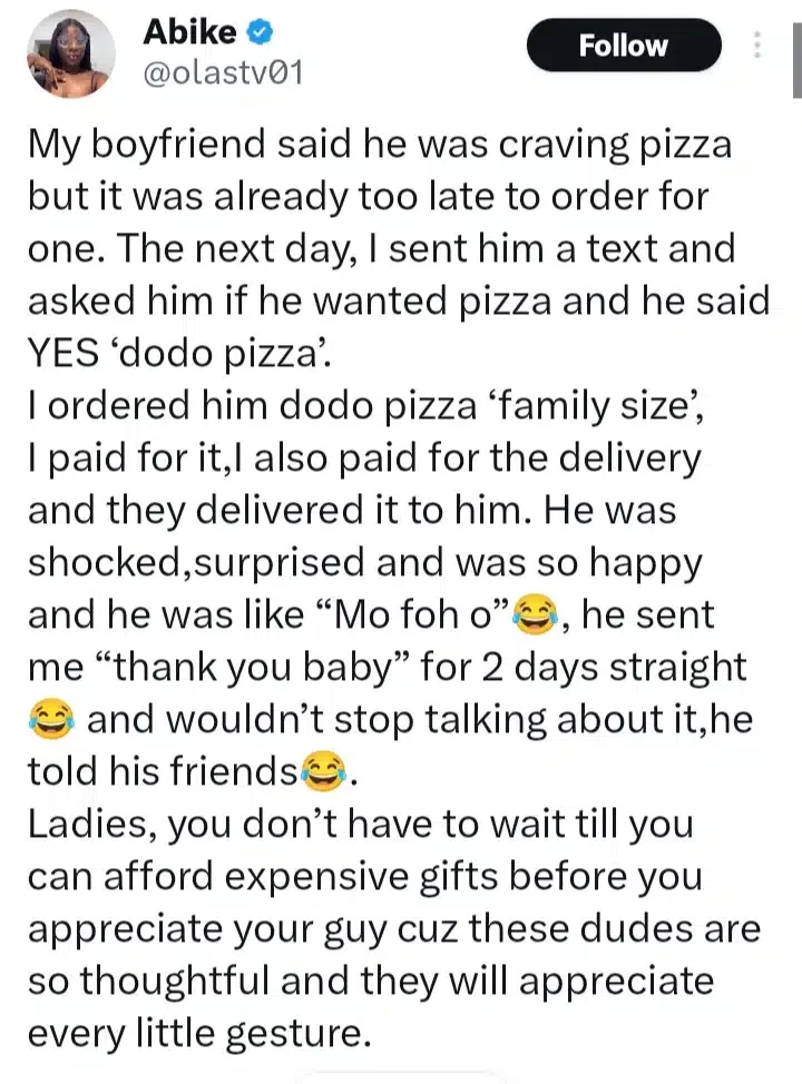 Lady shares how 'dodo pizza' surprise won her boyfriend's heart