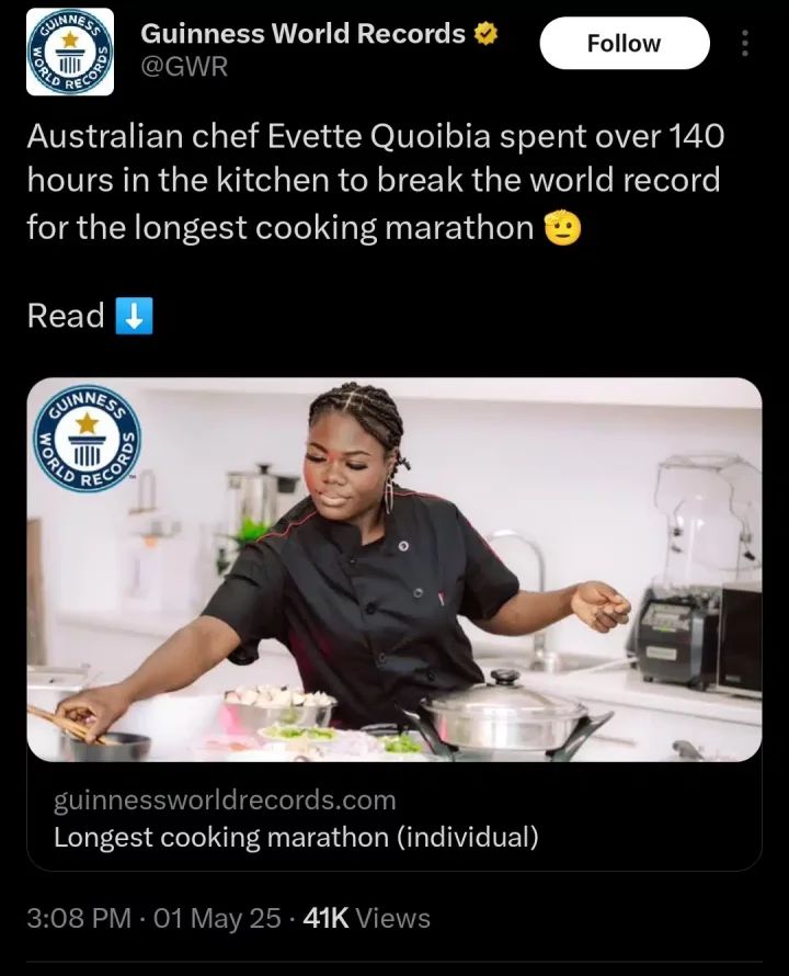 Liberian-Australian chef breaks Guinness World Record after cooking non-stop for 140 hours