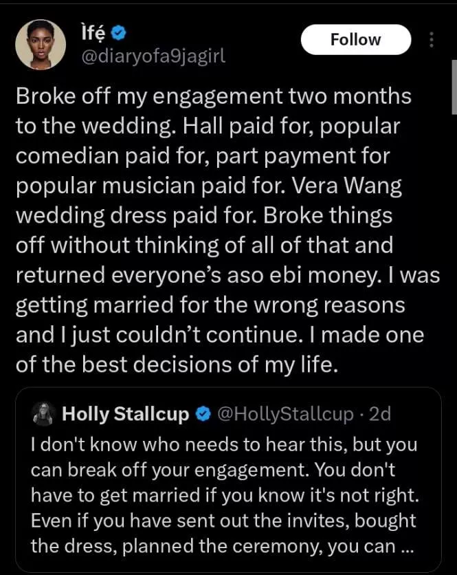 Lady reveals reason why she broke off her engagement two months to wedding