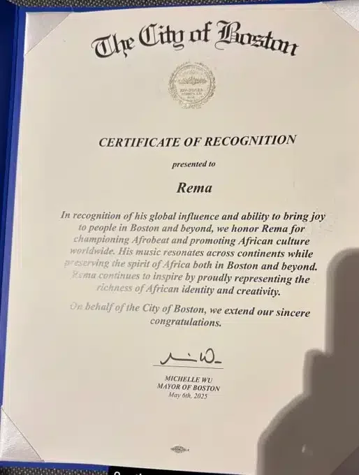 Rema receives certificate of recognition from mayor of Boston