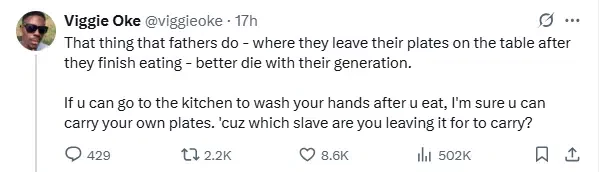 Man berates fathers who leave plates at the table after eating