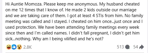Wife cries out after criticisms for cheating once, despite husband's multiple affairs