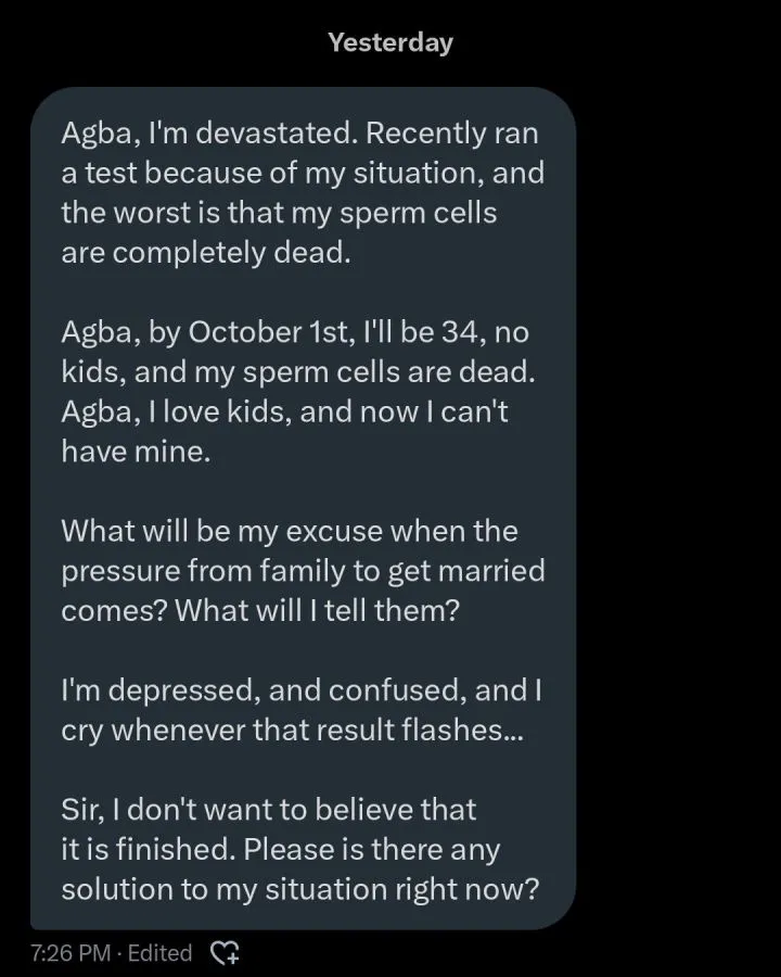 33-year-old man devastated after discovering he can't father a child