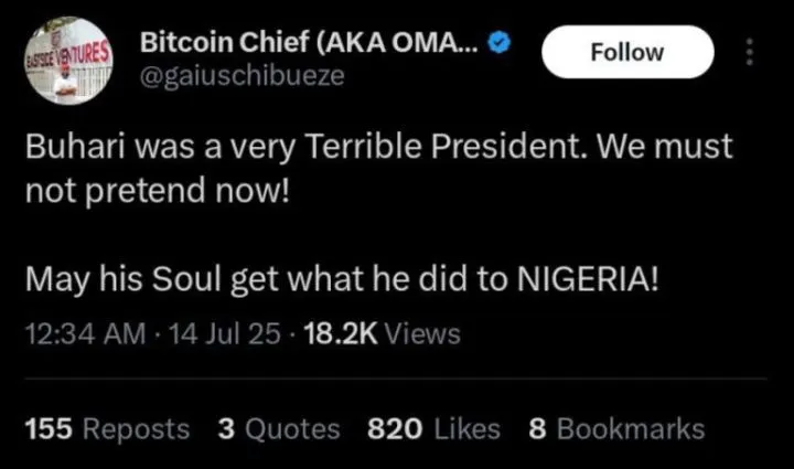 Twitter user who mocked Buhari's death loses father hours later