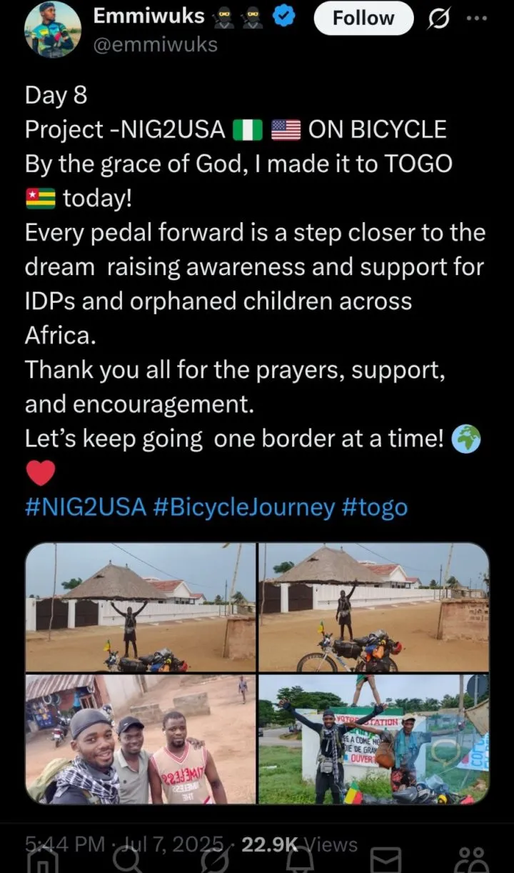 Nigerian man on bicycle journey to U.S. arrives Togo in 8 days