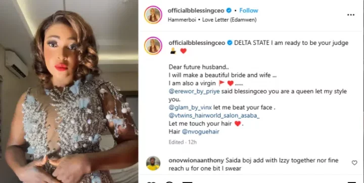 'I am also a virgin' - Blessing CEO writes to her future husband