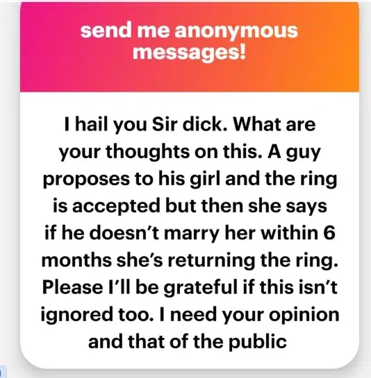 Drama as lady vows to return engagement ring if fiancé doesn't marry her in 6 months