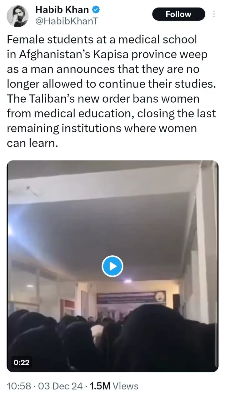 Afghan medical students weep as women are banned from pursuing medical training (video)