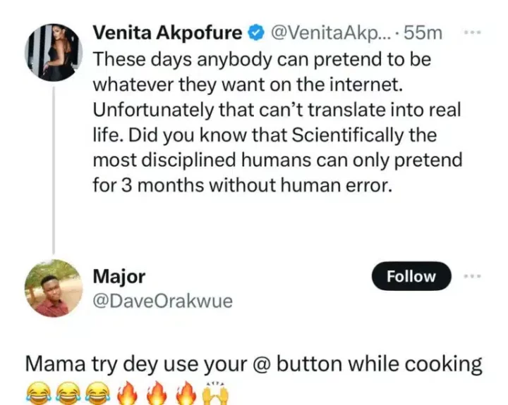 'The most disciplined human can only pretend 3 months without error in real life' - Venita Akpofure slams fake netizens