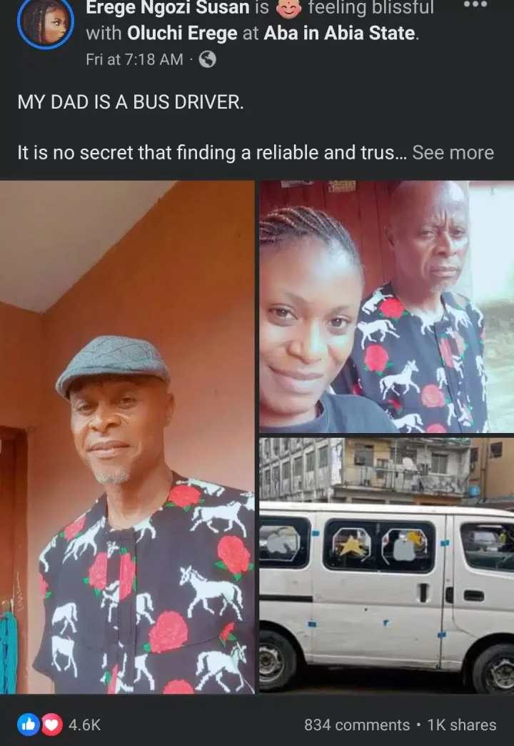 'My dad is a bus driver' - Nigerian lady takes to social media, proudly promotes her father's bus driving business