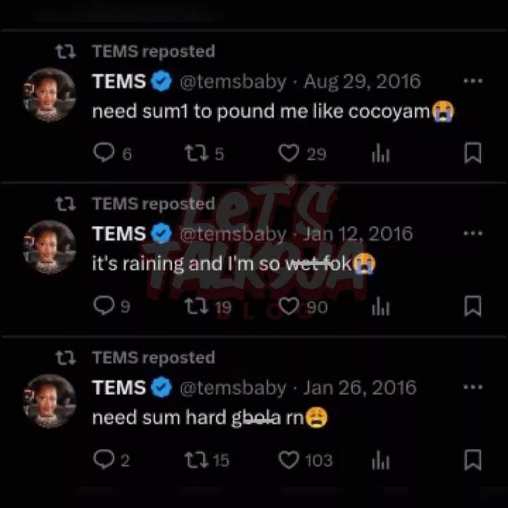 Twitter users dig out old tweets of Tems begging to be pounded like cocoyam