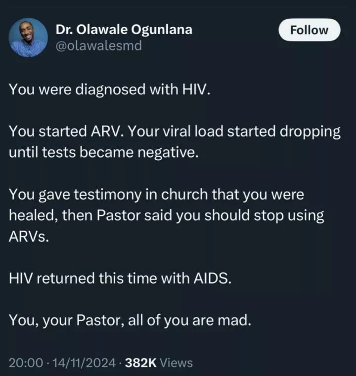 Doctor criticizes HIV patient for quitting treatment on pastor's advice