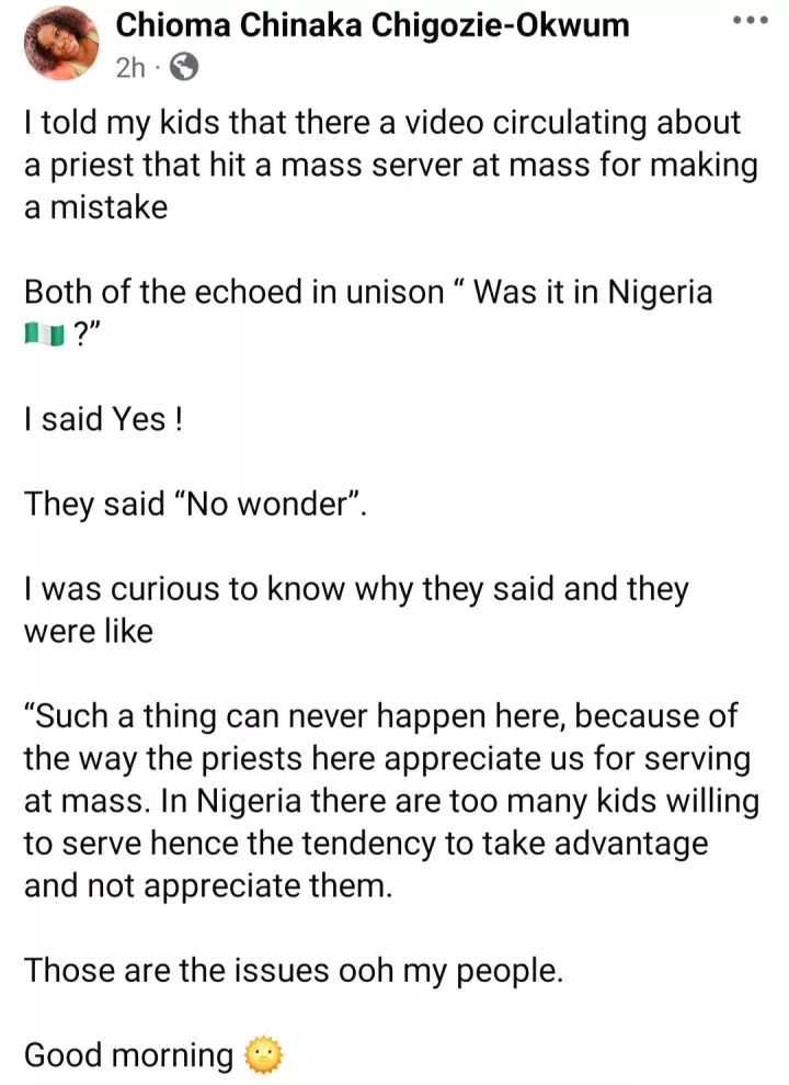 Woman reveals how Catholic Priests are treated abroad as she reacts to video of Nigerian priest hitting a Mass server