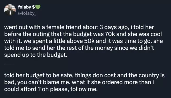 Man shares unusual date experience with lady who asked for leftover budget