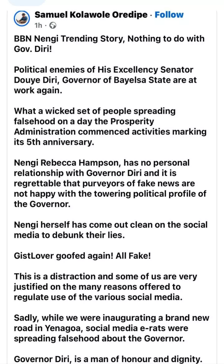 I didn't impregnate Nengi - Bayelsa Governor, Diri