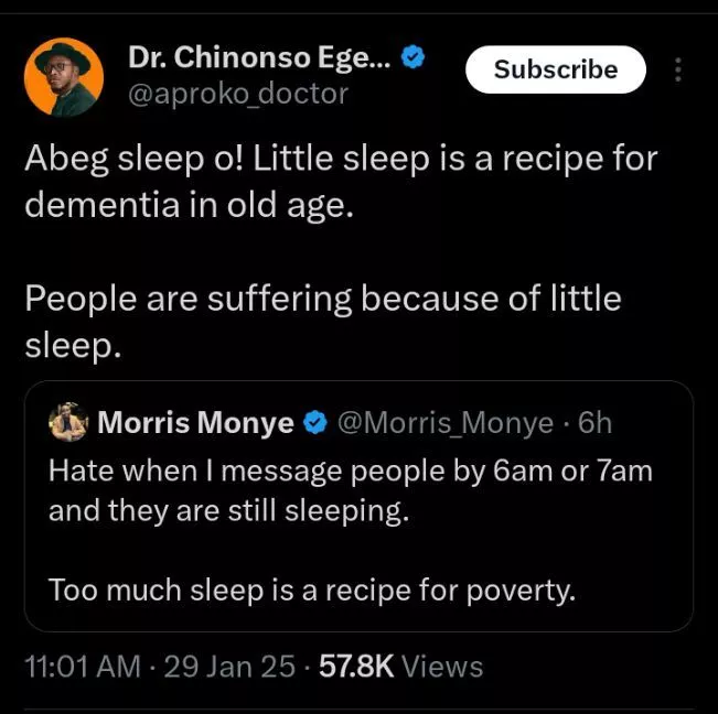 'Abeg sleep oh' - Aproko doctor replies man who says sleep is a recipe for poverty