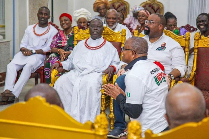 Reactions Trail as Photo of Peter Obi Kneeling Before Oba of Benin Surfaces